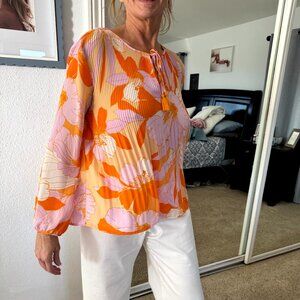 Vibrant Tropical Bloom Pleated Top - Size Med